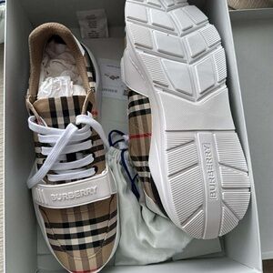 Burberry Men's Plaid Sneakers - Tan and White